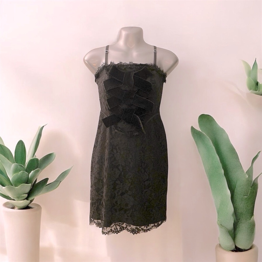 New Black Lace Mini Dress with Velvet Bows